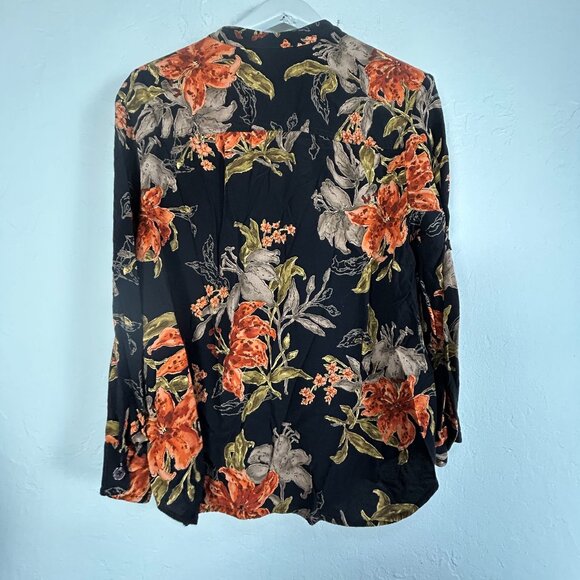 Carole Little Womens Floral Button-Up Blouse Size 14 Black Rayon Long Sleeve - Picture 2 of 9